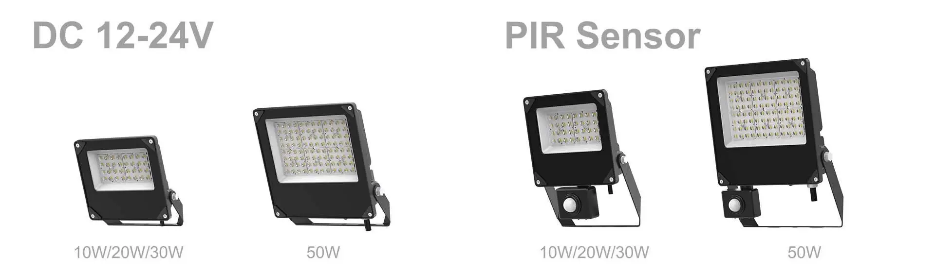 G8 Series low-voltage LED flood lights with DC 12–24V and PIR sensor options