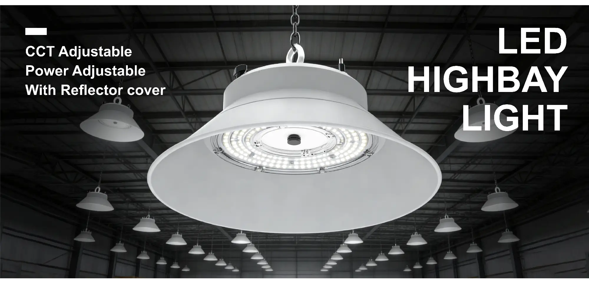 G16 adjustable LED high bay light with reflector installed in a warehouse