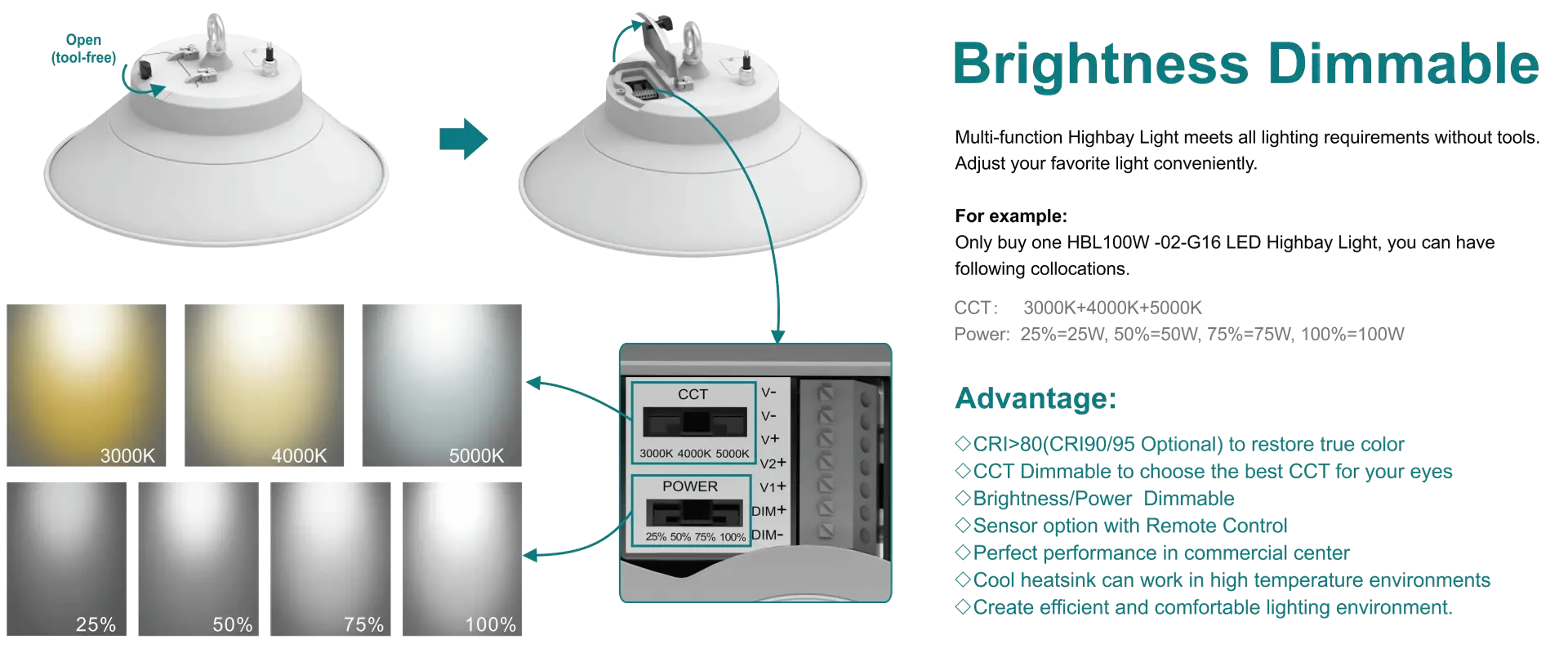 G16 LED high bay light with selectable CCT and four power settings
