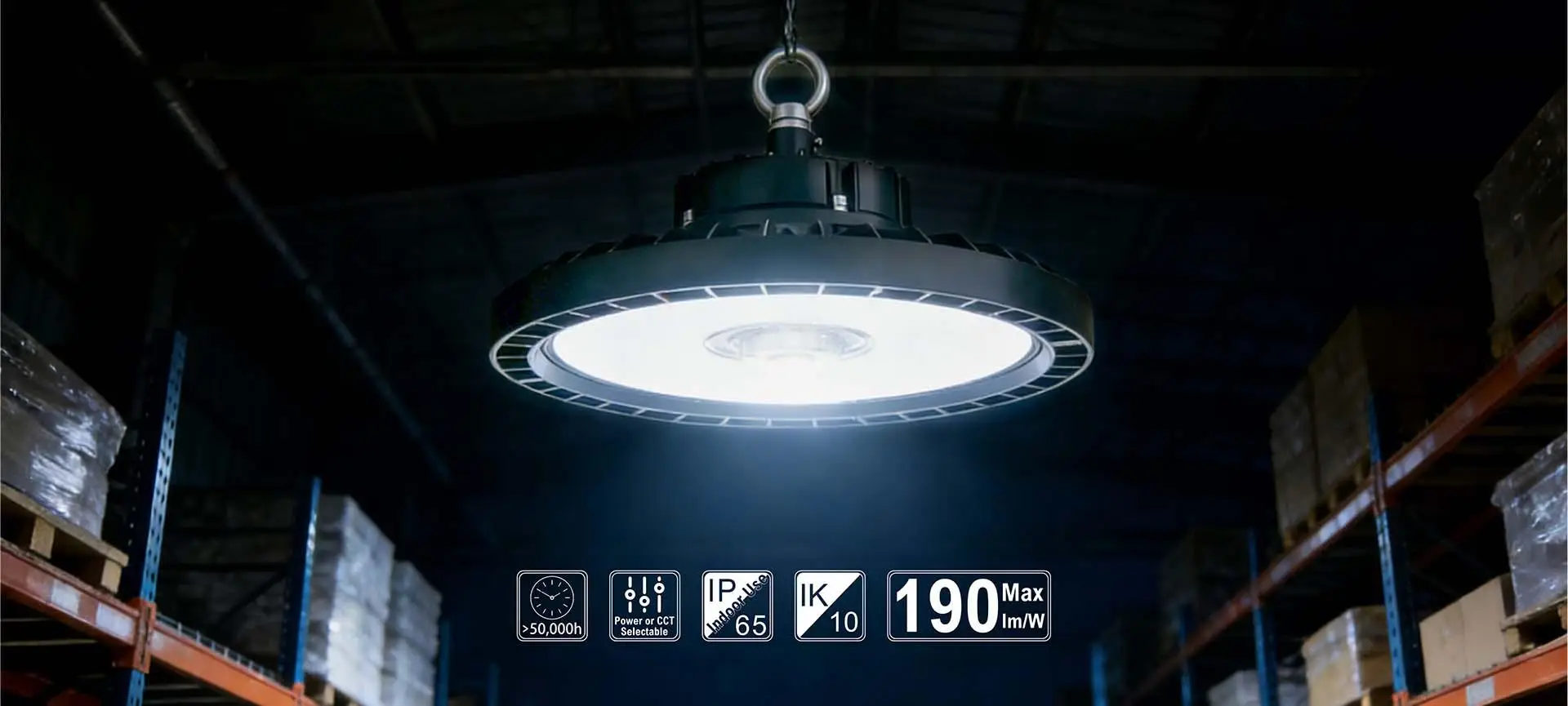 G22 190 lm/W LED high bay light installed in a warehouse