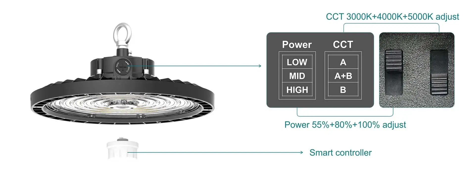 G22 LED high bay light with selectable power CCT and smart sensor
