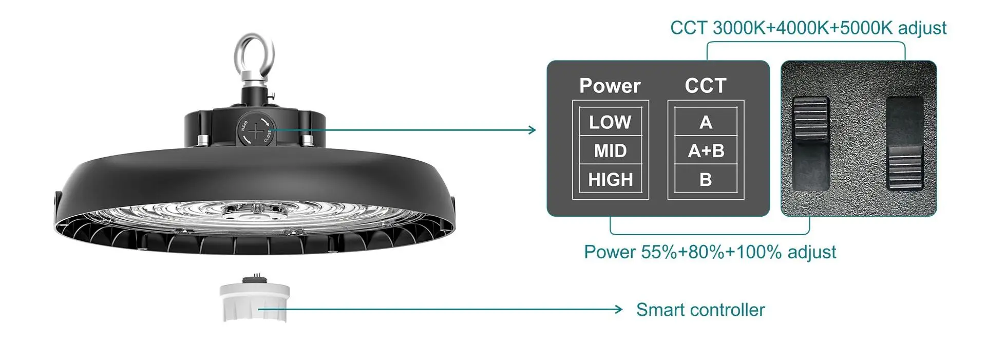 G23 LED high bay light with selectable power CCT and smart sensor