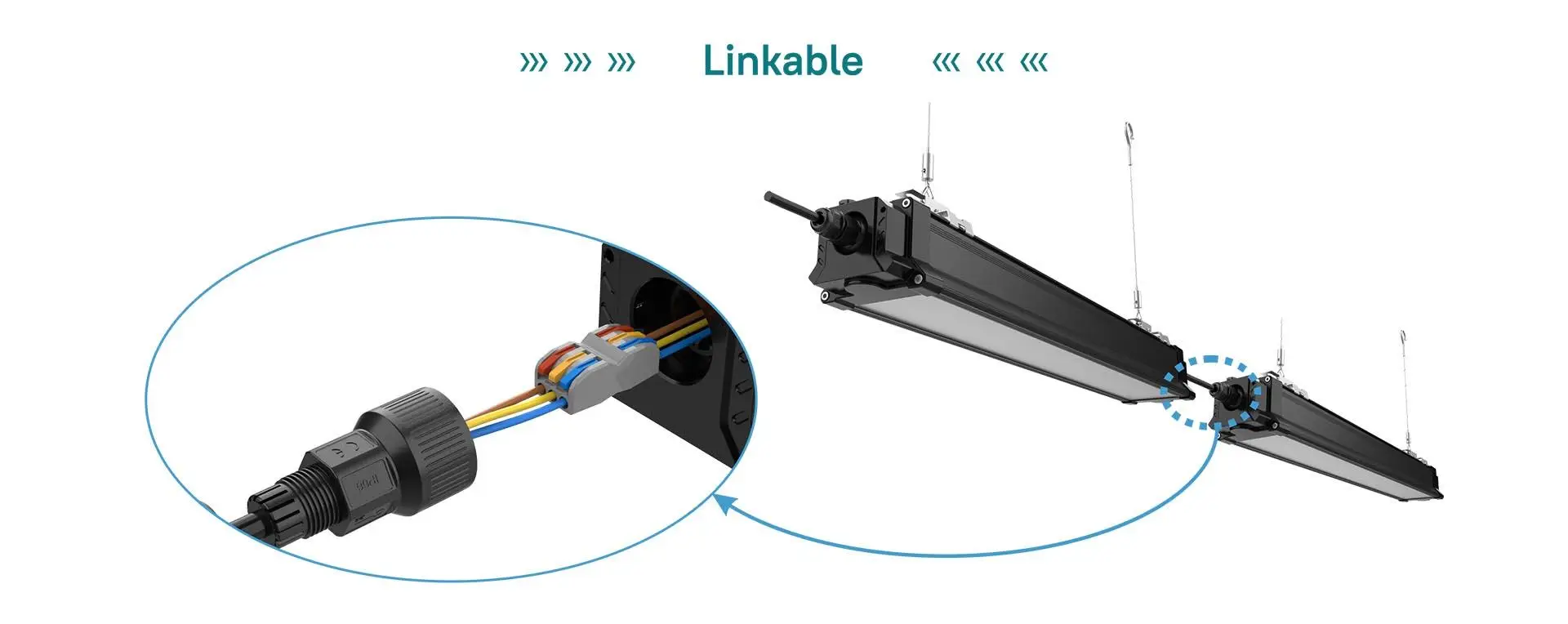 Linkable G4 LED linear high bay lights with quick electrical connector