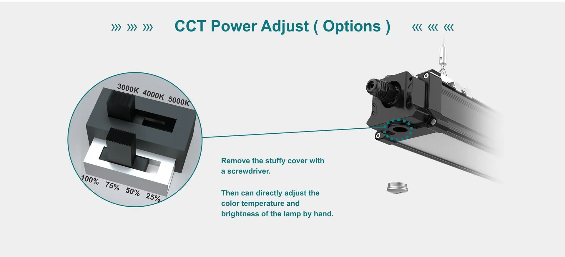 G4 LED linear high bay light with selectable CCT and power settings