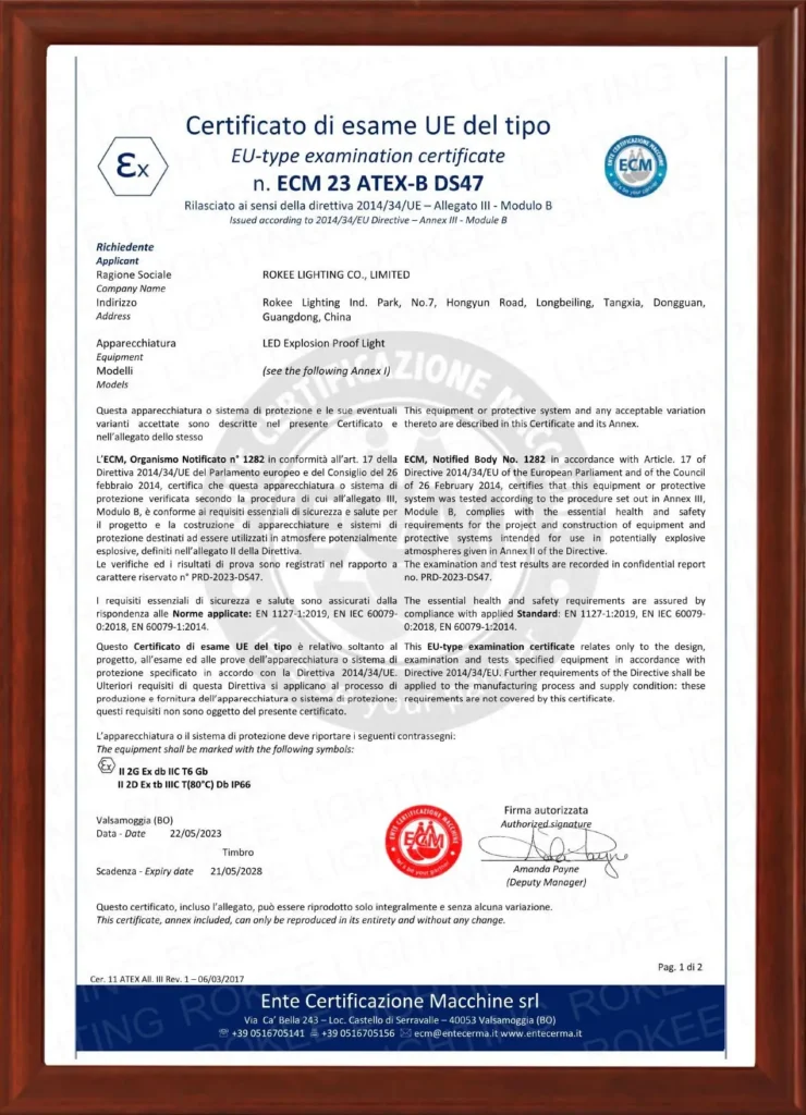 ROKEE LED explosion-proof light ATEX EU-type examination certificate
