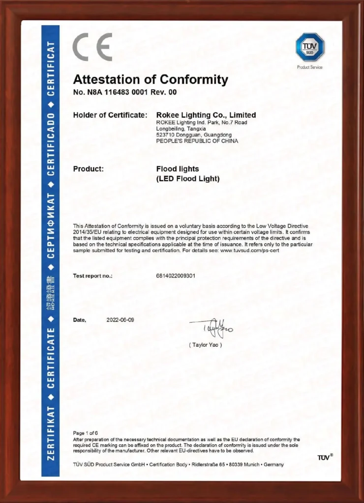 ROKEE LED flood light CE Attestation of Conformity by TÜV SÜD