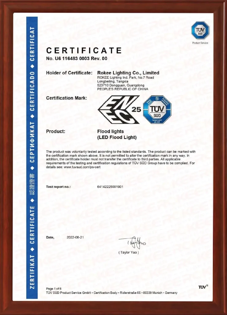 ROKEE LED flood light ENEC certification by TÜV SÜD