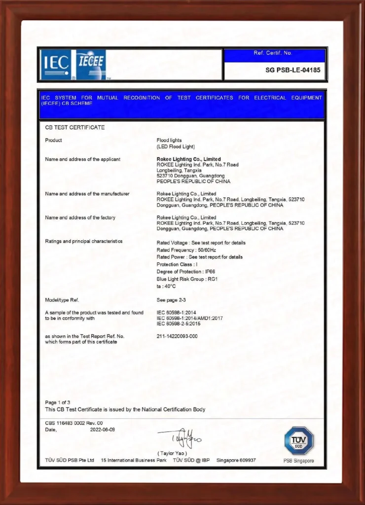 ROKEE LED flood light IECEE CB Scheme test certificate