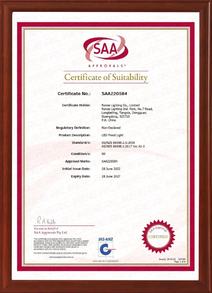 ROKEE LED flood light SAA Certificate of Suitability