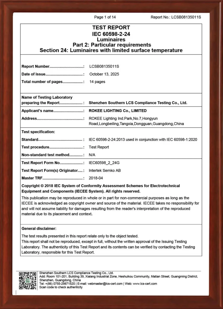 ROKEE LED luminaire IEC 60598-2-24 emergency lighting test report page 1