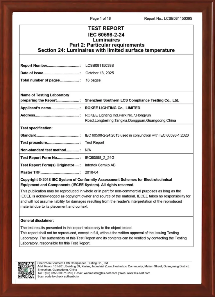 ROKEE LED luminaire IEC 60598-2-24 emergency lighting test report