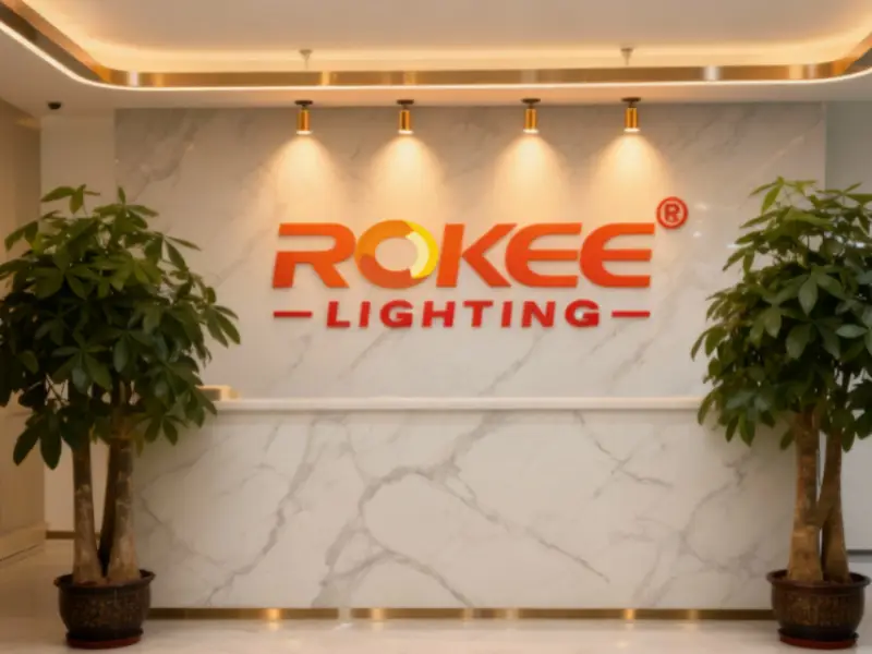ROKEE Lighting office lobby with illuminated company logo