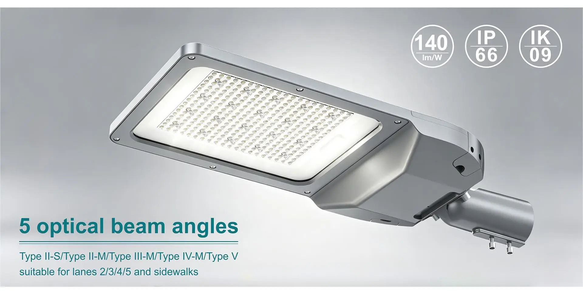 G24 140 lm/W IP66 LED street light with five optical distributions