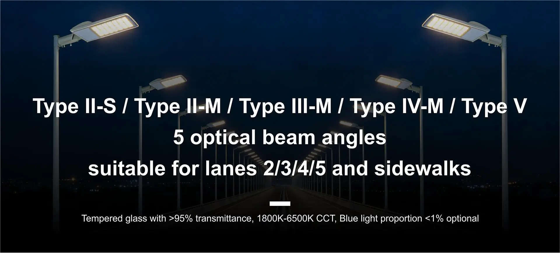 G7 LED street light with five optical distributions for roads and sidewalks