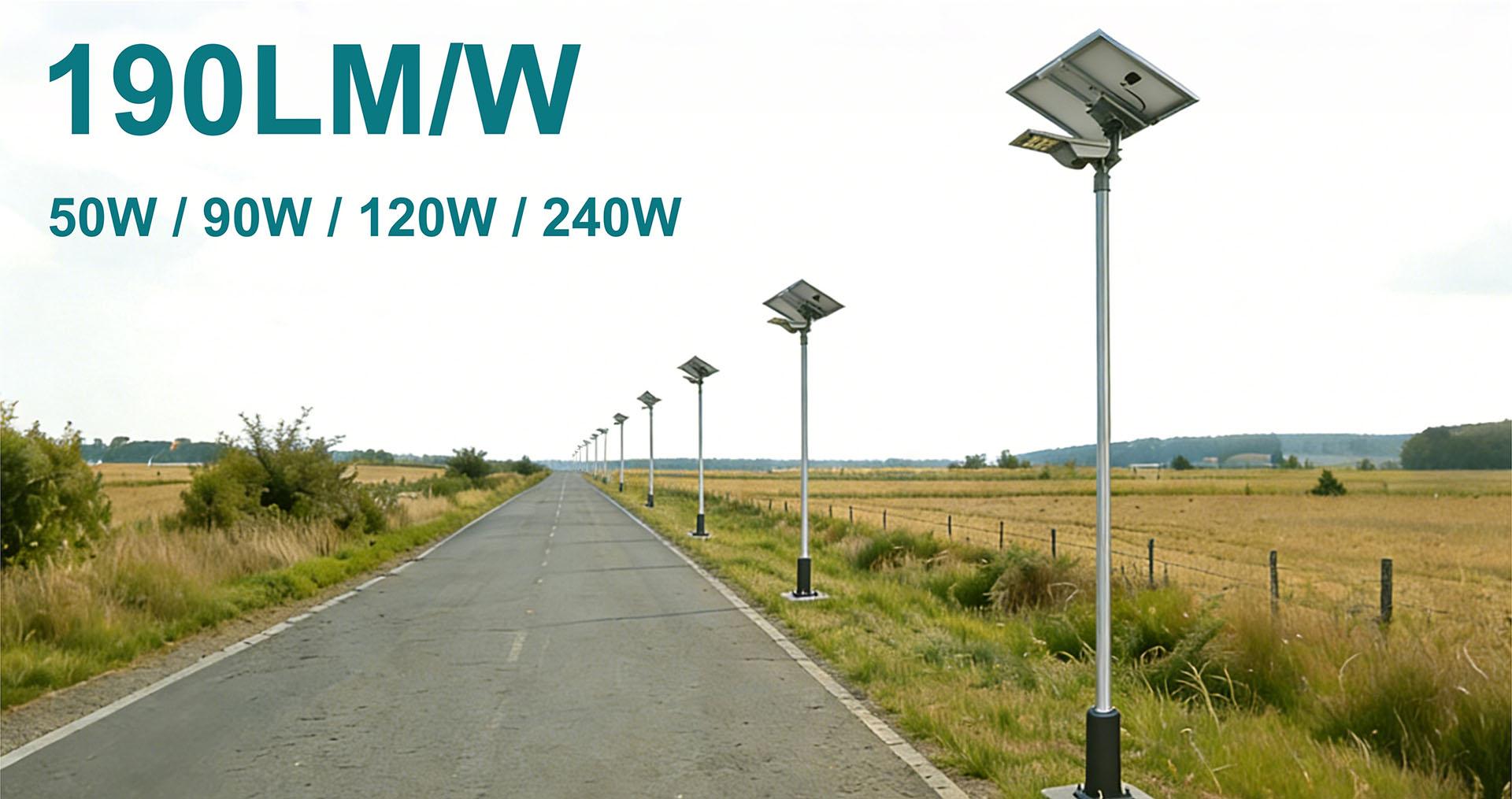 G2 190 lm/W solar LED street lights installed along a rural road